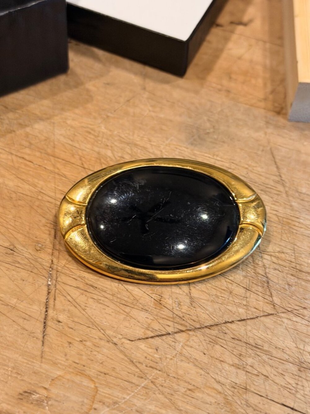 Gold-Tone Napier Oval Black Stone Brooch Pin In Gift Box